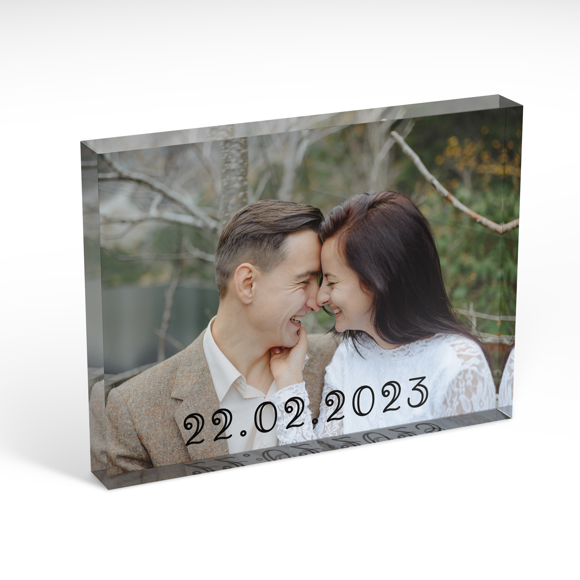 An angled side view of a landscape layout Acrylic Photo Gift with space for 1 photo. Thiis design is named "Forever I Do". 