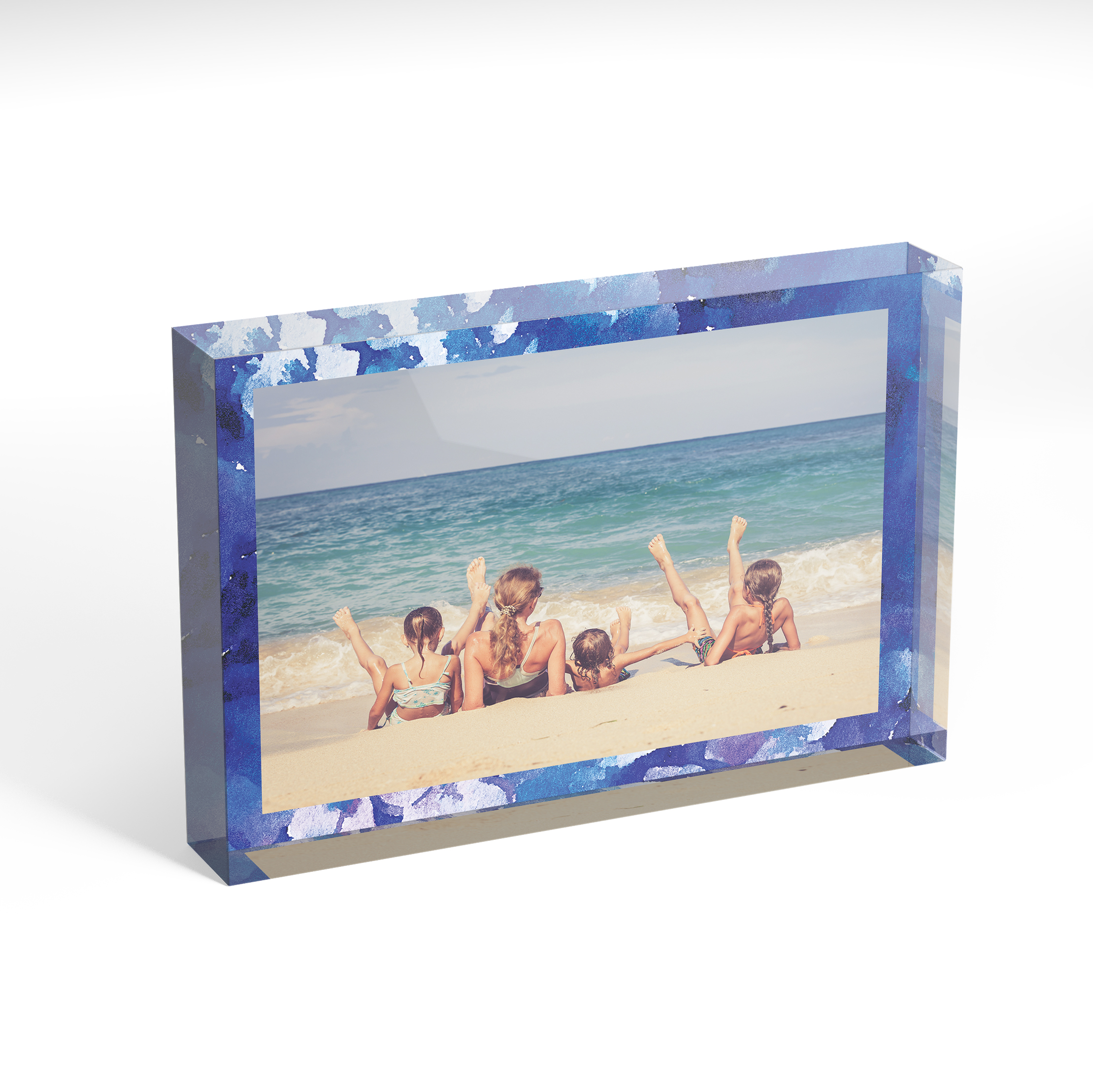 A front side view of a landscape layout Acrylic Photo Block with space for 1 photo. Thiis design is named 'Purple Border'. 
