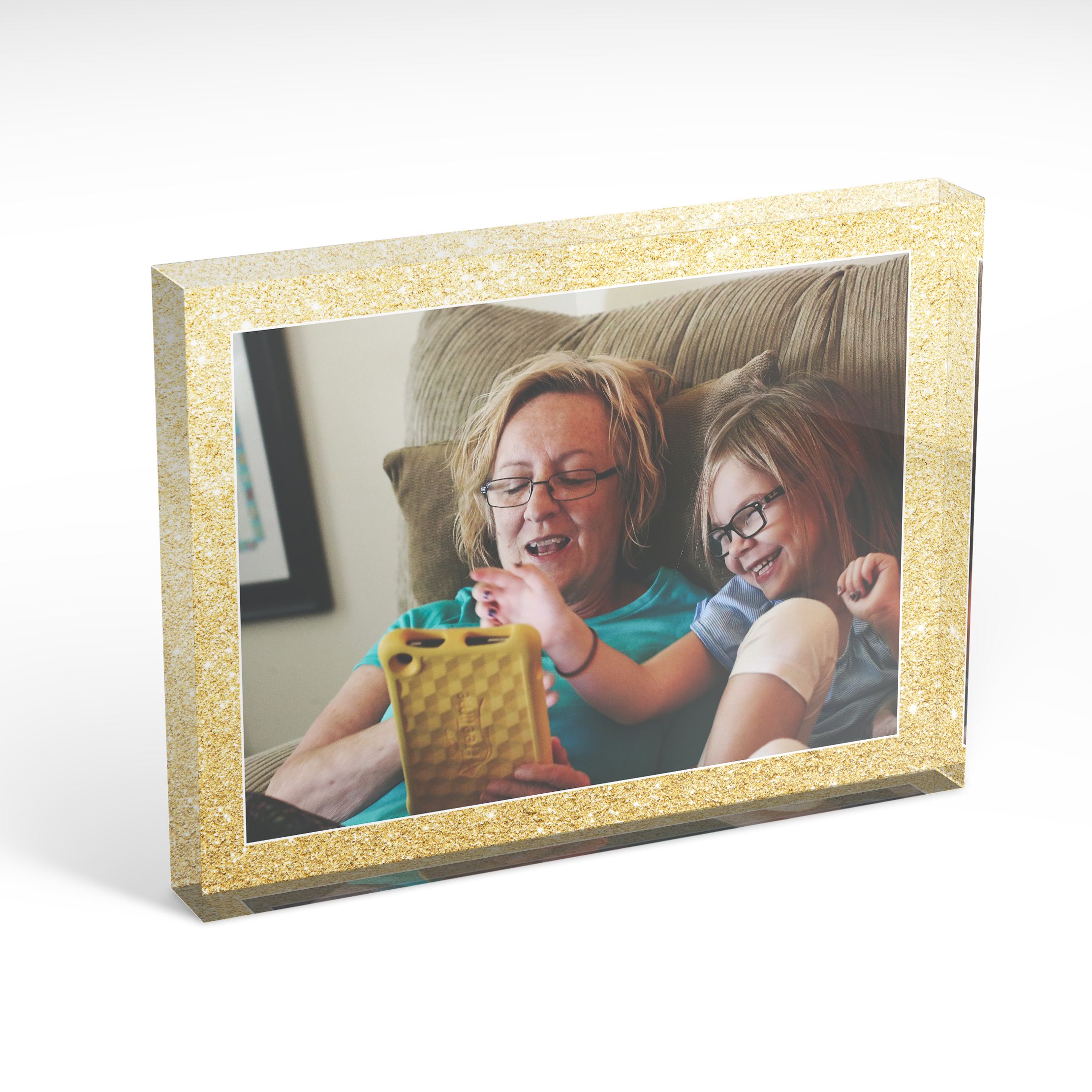 An angled side view of a landscape layout Online acrylic photo blocks with space for 1 photo. Thiis design is named "Sparkles". 