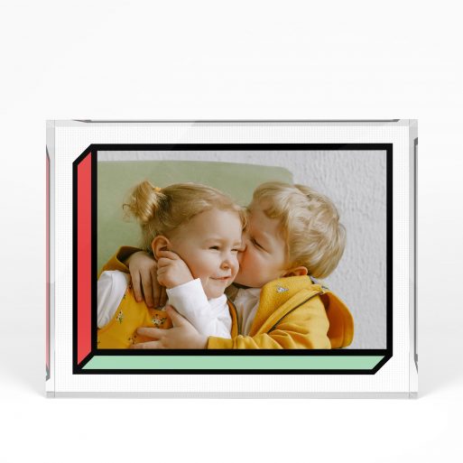 A front side view of a landscape layout Perspex Photo Blocks with space for 1 photo. Thiis design is named "3D Glee". 