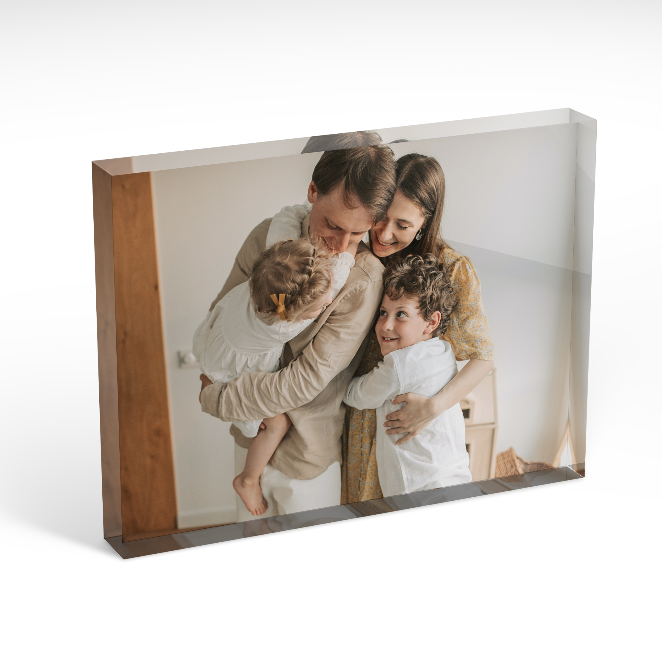 An angled side view of a landscape layout Perspex Photo Blocks with space for 1 photo. Thiis design is named "Simple Landscape". 