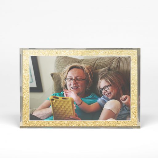 A front side view of a landscape layout Perspex Photo Blocks with space for 1 photo. Thiis design is named "Sparkles". 