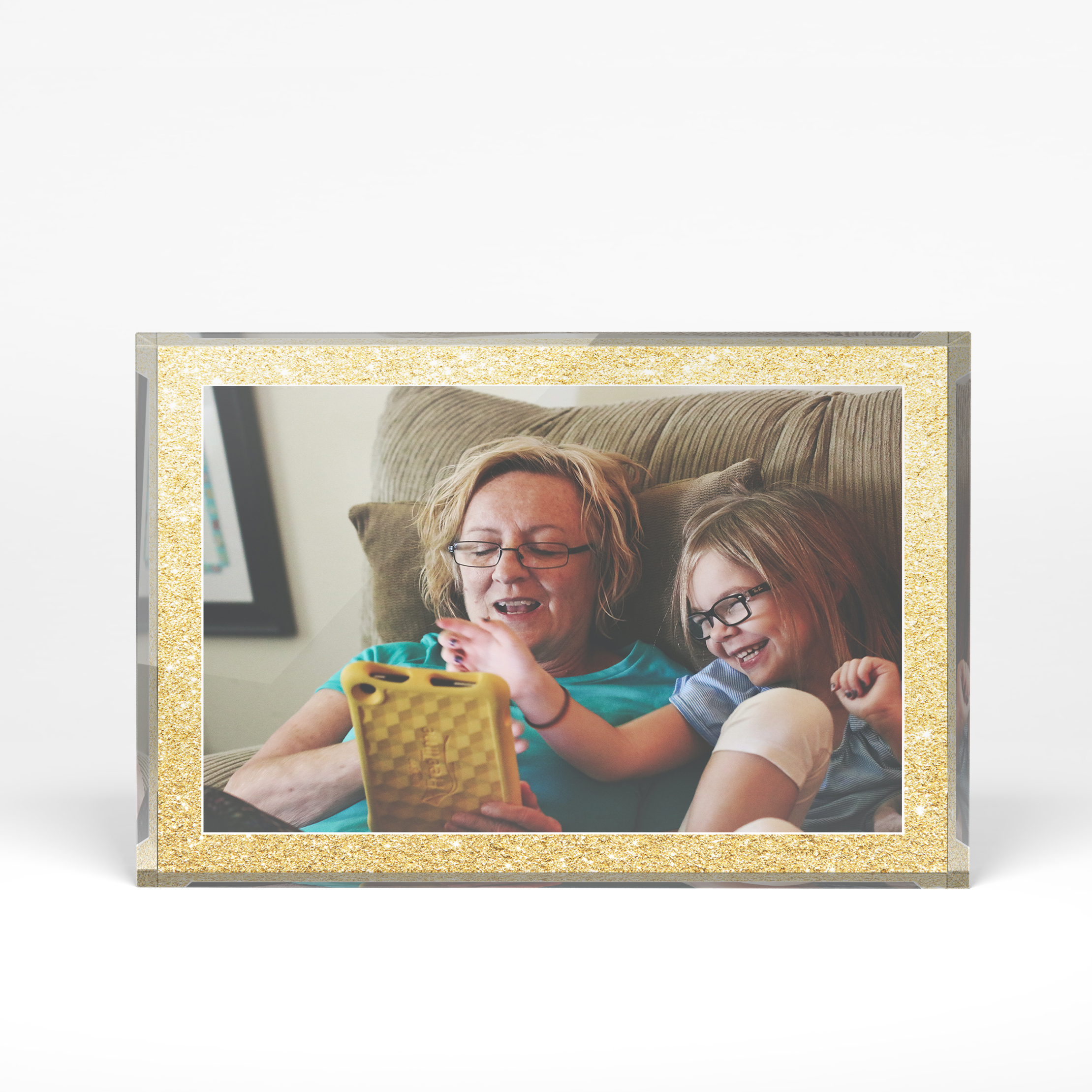 A front side view of a landscape layout Perspex Photo Blocks with space for 1 photo. Thiis design is named "Sparkles". 