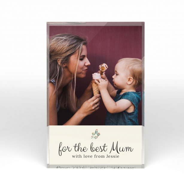 A front side view of a portrait layout Acrylic Glass Photo Block with space for 1 photo. Thiis design is named "A Mother's Gaze". 