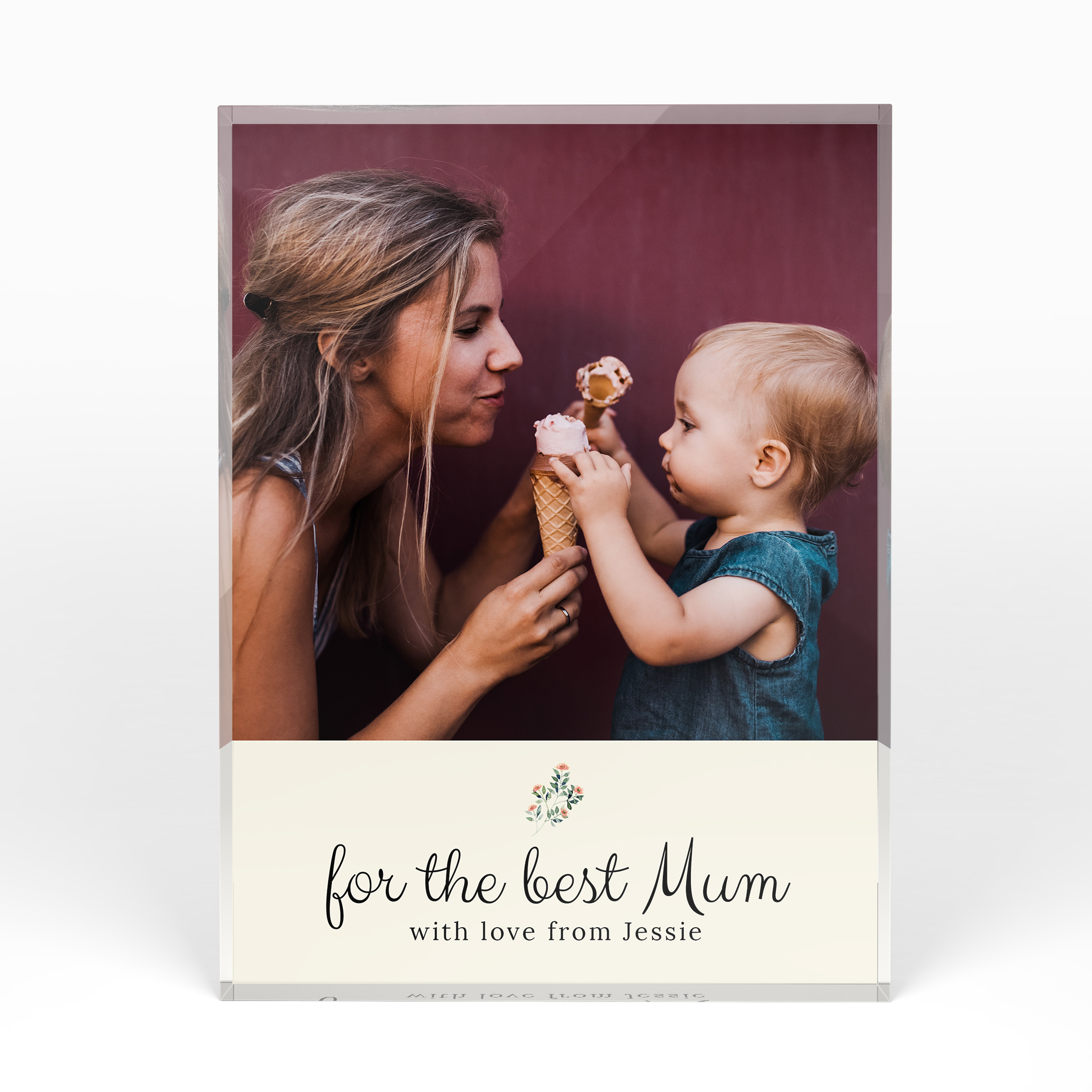 A front side view of a portrait layout Acrylic Glass Photo Block with space for 1 photo. Thiis design is named "A Mother's Gaze". 