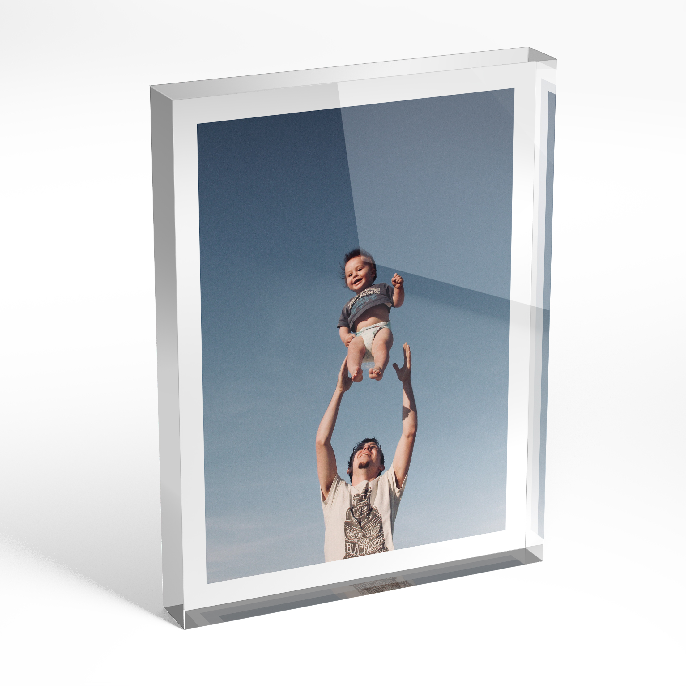 A front side view of a portrait layout Acrylic Photo Block with space for 1 photo. Thiis design is named 'Almost full photo'. 