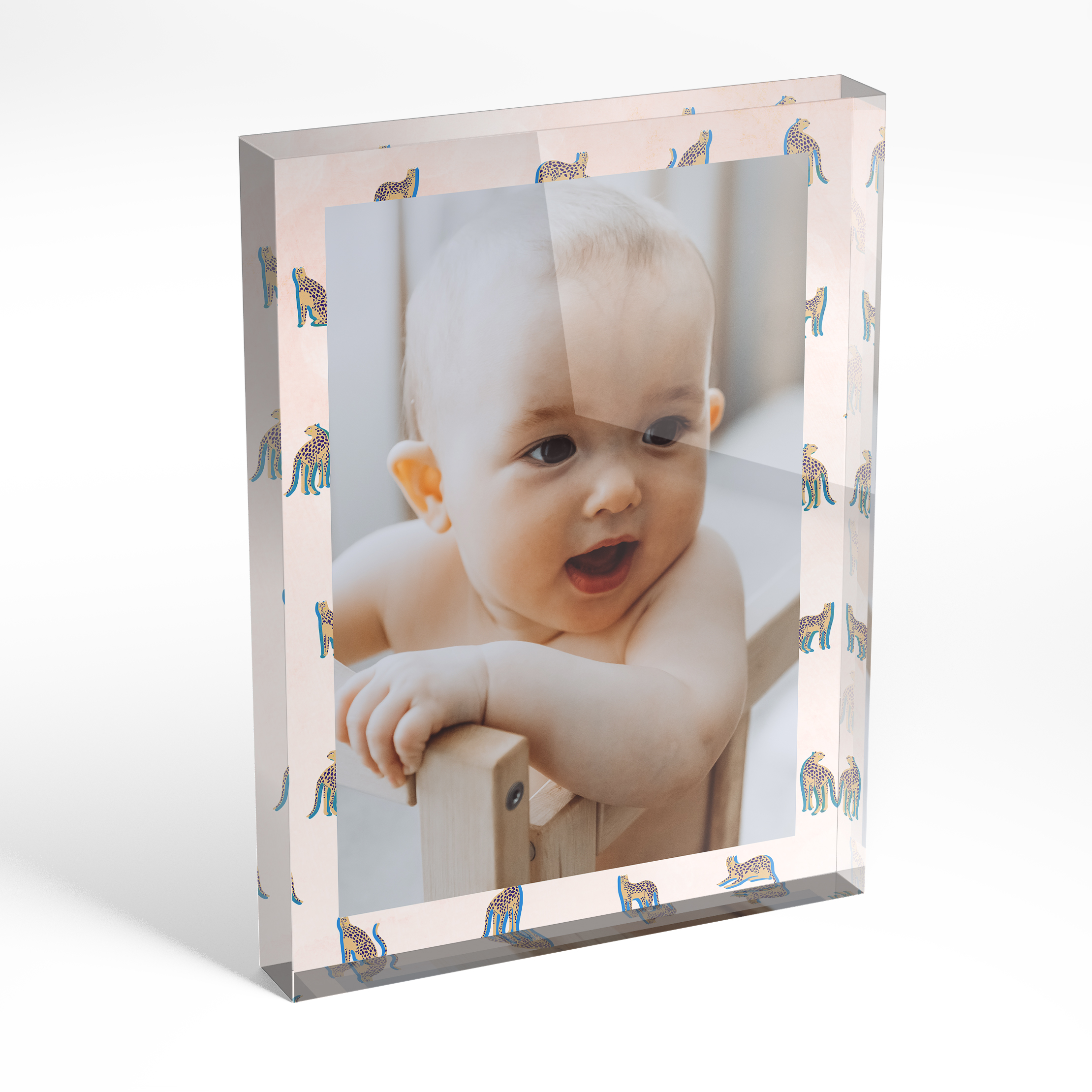 An angled side view of a portrait layout Acrylic Glass Photo Block with space for 1 photo. Thiis design is named "Big Cat". 