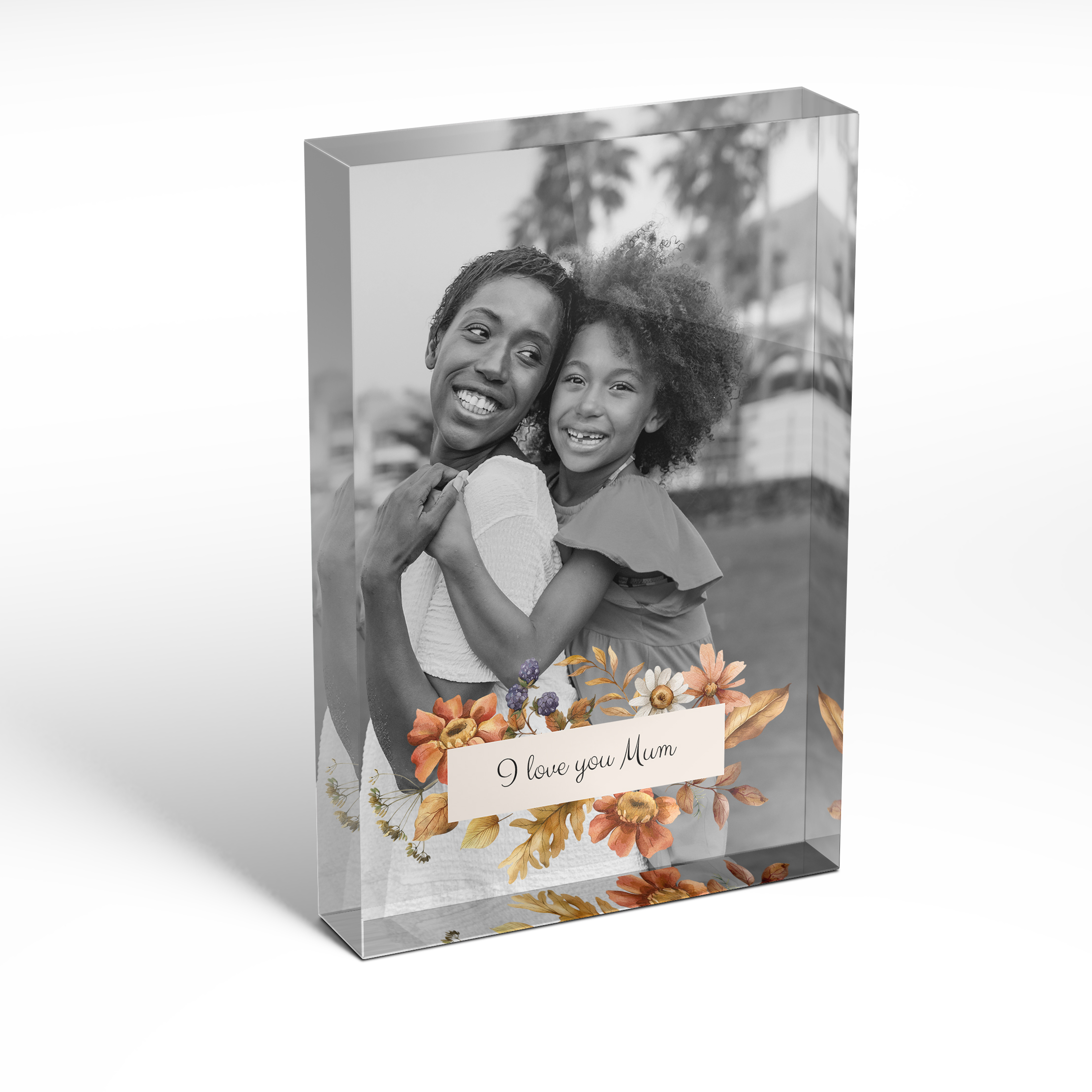 A front side view of a portrait layout Perspex Photo Blocks with space for 1 photo. Thiis design is named 'Blooming Motherhood'. 