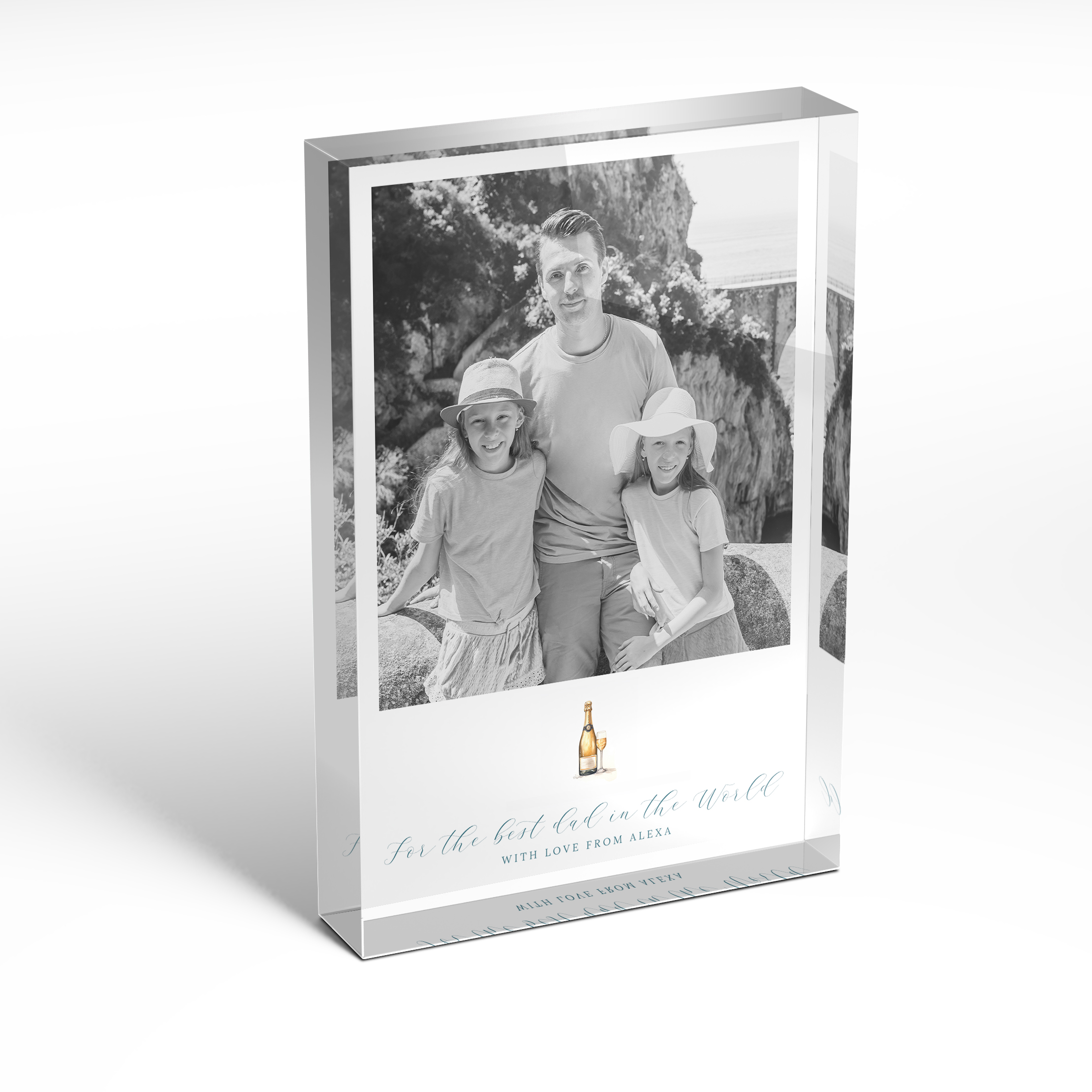 A front side view of a portrait layout Perspex Photo Blocks with space for 1 photo. Thiis design is named 'Cheers to Dad'. 