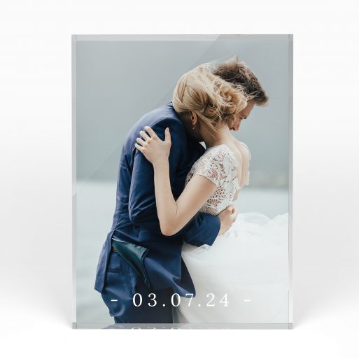 A front side view of a portrait layout Acrylic Glass Photo Block with space for 1 photo. Thiis design is named "Date Stamp". 