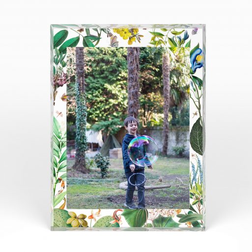 A front side view of a portrait layout Acrylic Glass Photo Block with space for 1 photo. Thiis design is named "Fishpond Photo". 