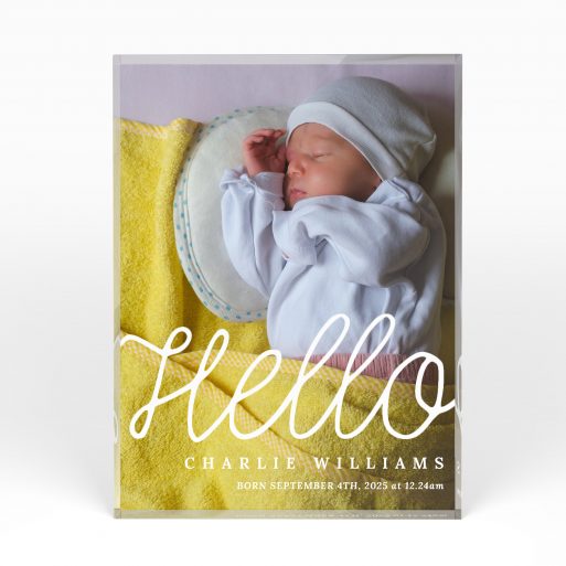 A front side view of a portrait layout Acrylic Glass Photo Block with space for 1 photo. Thiis design is named "Hello from me". 