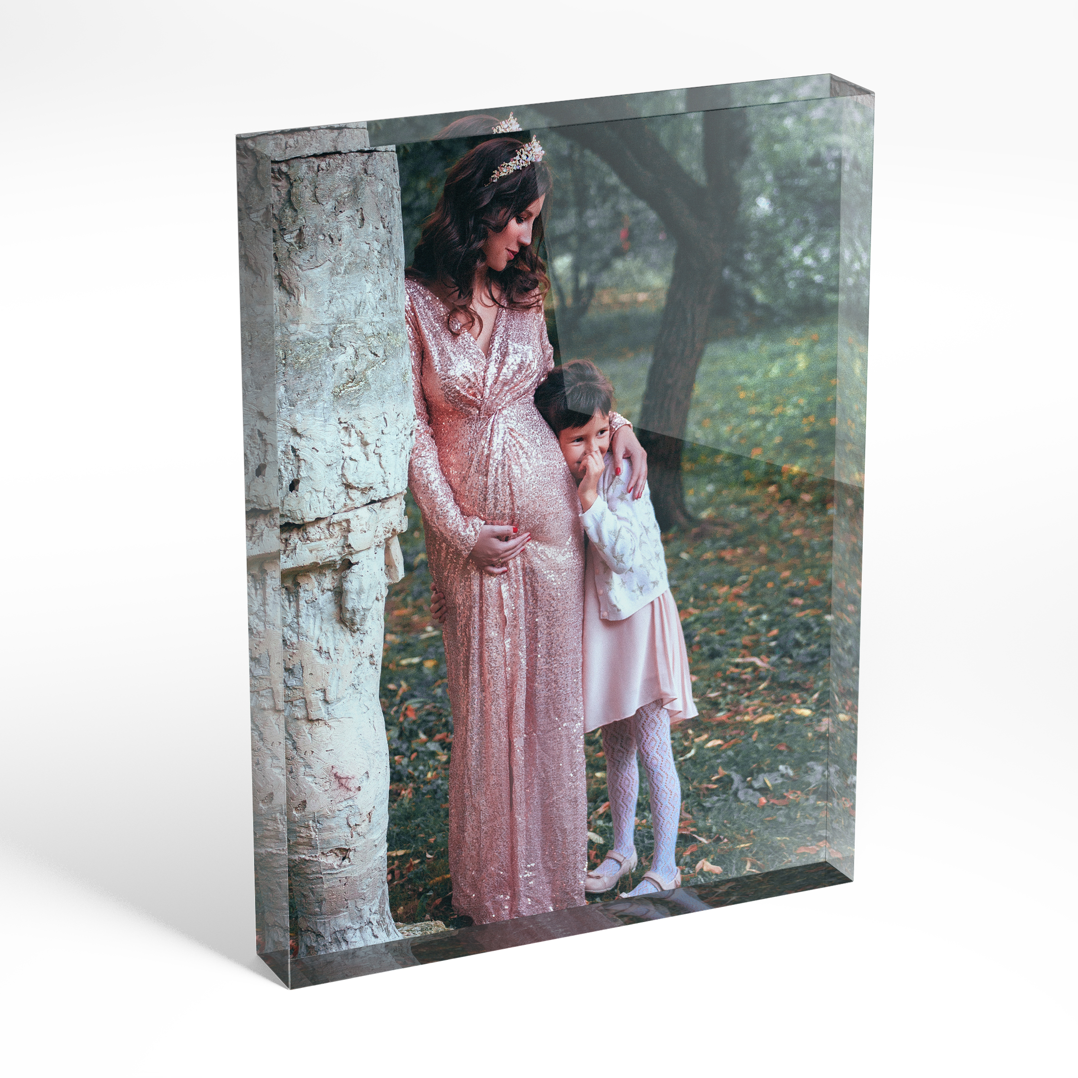 A front side view of a portrait layout Acrylic Photo Block with space for 1 photo. Thiis design is named 'Motherhood Magic'. 