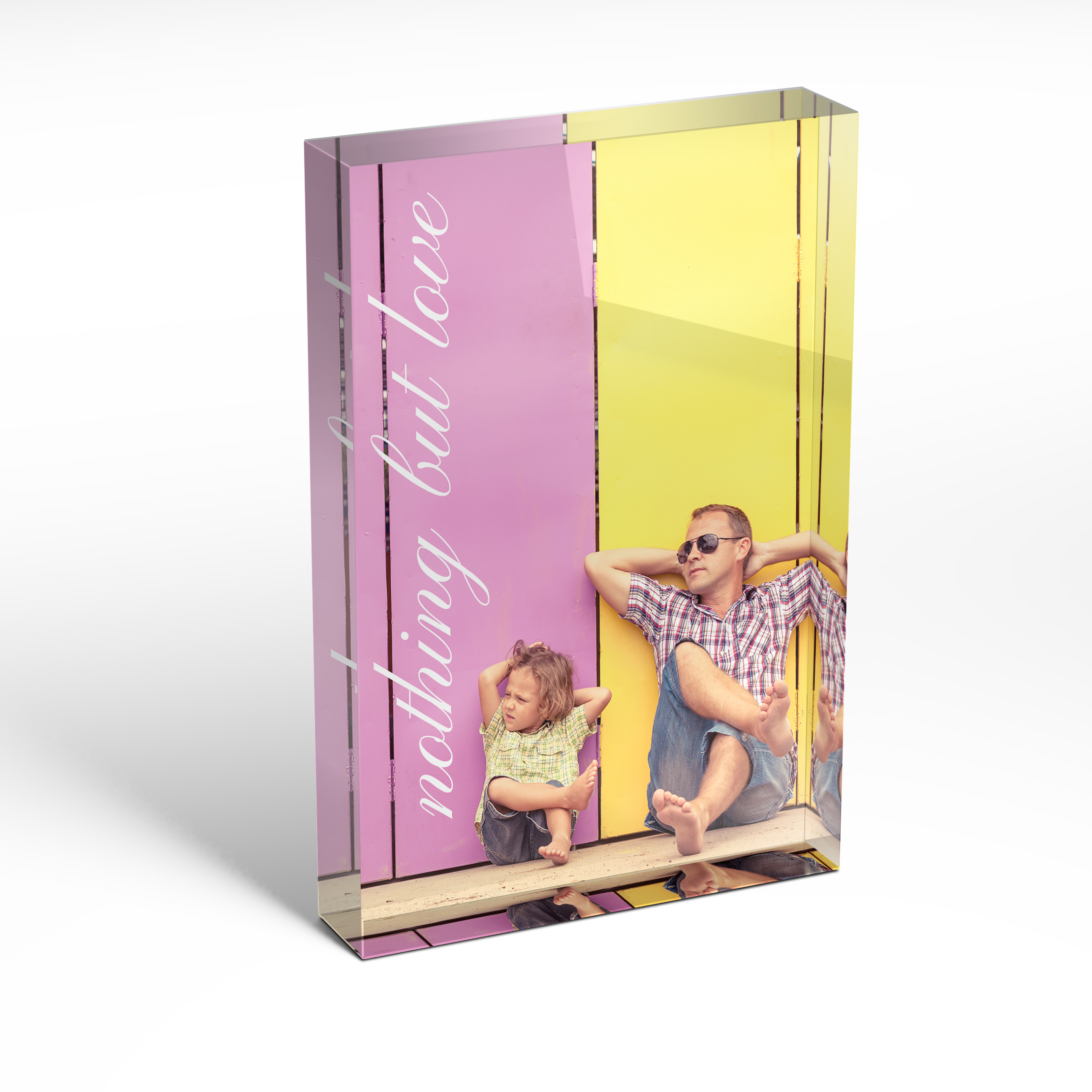 A front side view of a portrait layout Acrylic Photo Gift with space for 1 photo. Thiis design is named 'Nothing but Love'. 