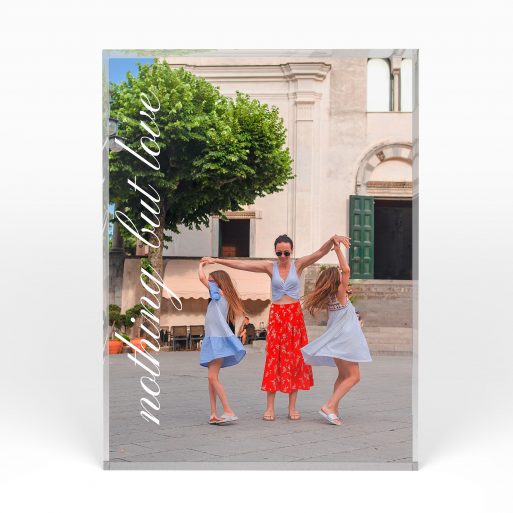 A front side view of a portrait layout Acrylic Glass Photo Block with space for 1 photo. Thiis design is named "Nurturing Moments". 