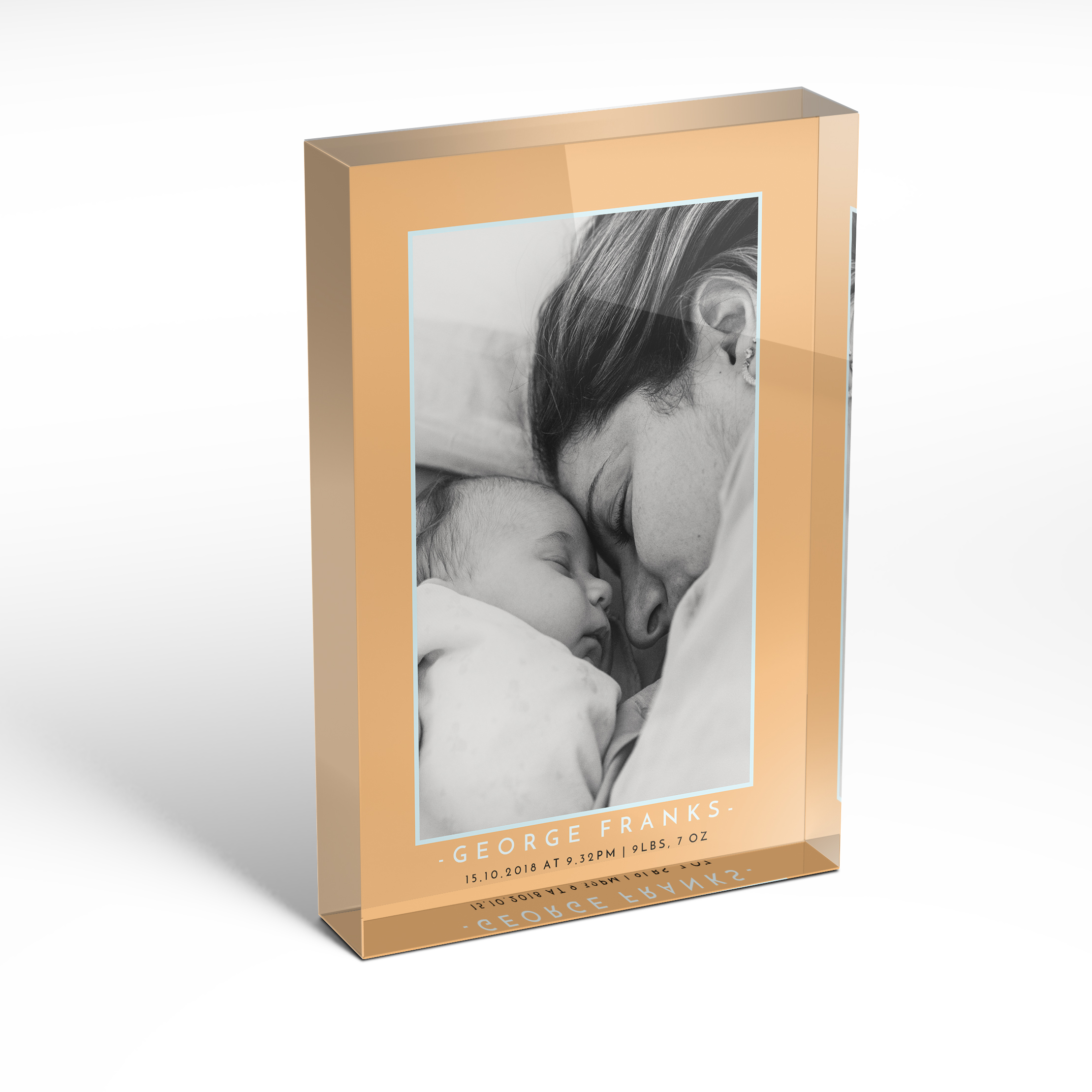 A front side view of a portrait layout Acrylic Photo Block with space for 1 photo. Thiis design is named 'Orange and Mint'. 