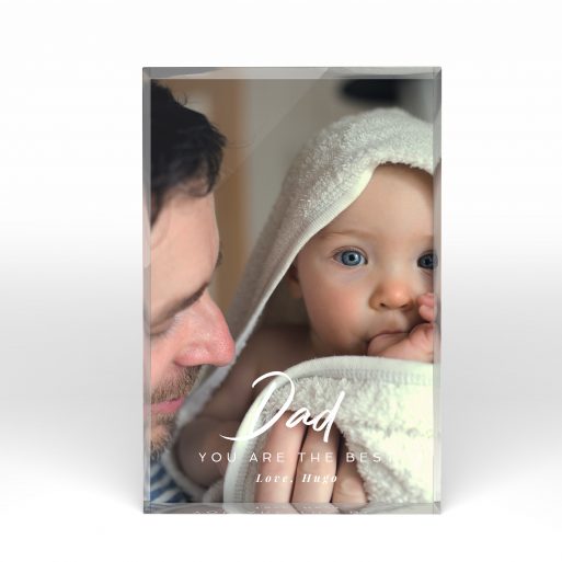 A front side view of a portrait layout Acrylic Glass Photo Block with space for 1 photo. Thiis design is named "Papa's Presence". 
