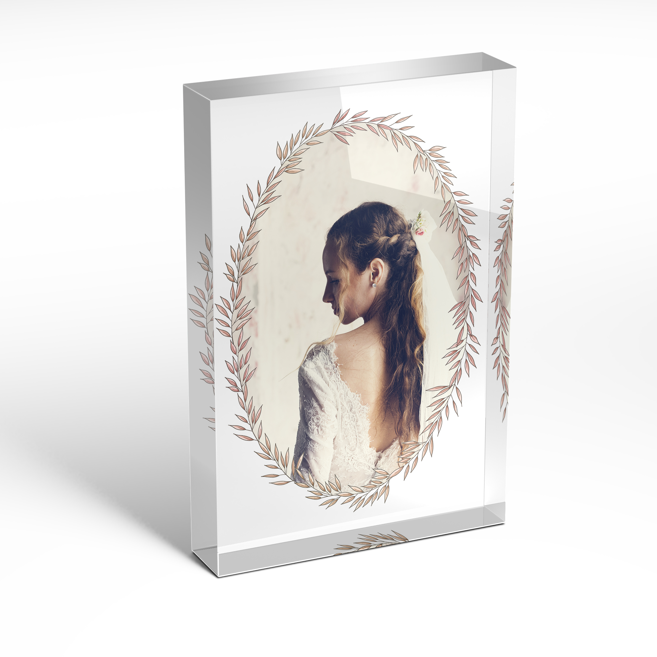 A front side view of a portrait layout Online acrylic photo blocks with space for 1 photo. Thiis design is named 'Romantic Florals'. 