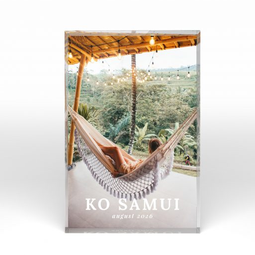 A front side view of a portrait layout Acrylic Glass Photo Block with space for 1 photo. Thiis design is named "Season's Reflection". 