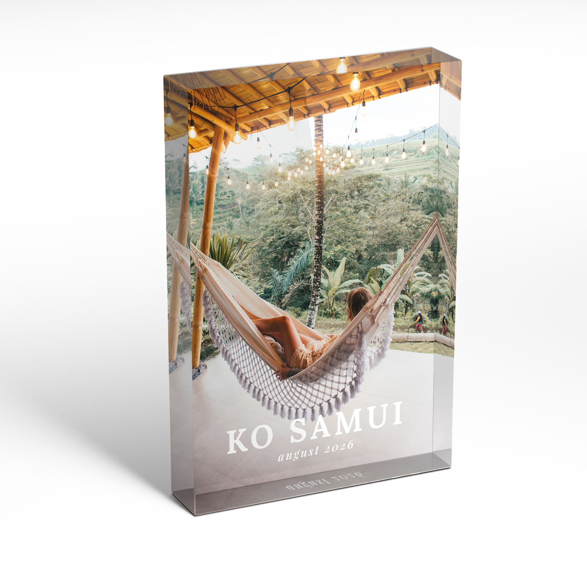 A front side view of a portrait layout Acrylic Glass Photo Block with space for 1 photo. Thiis design is named 'Season's Reflection'. 