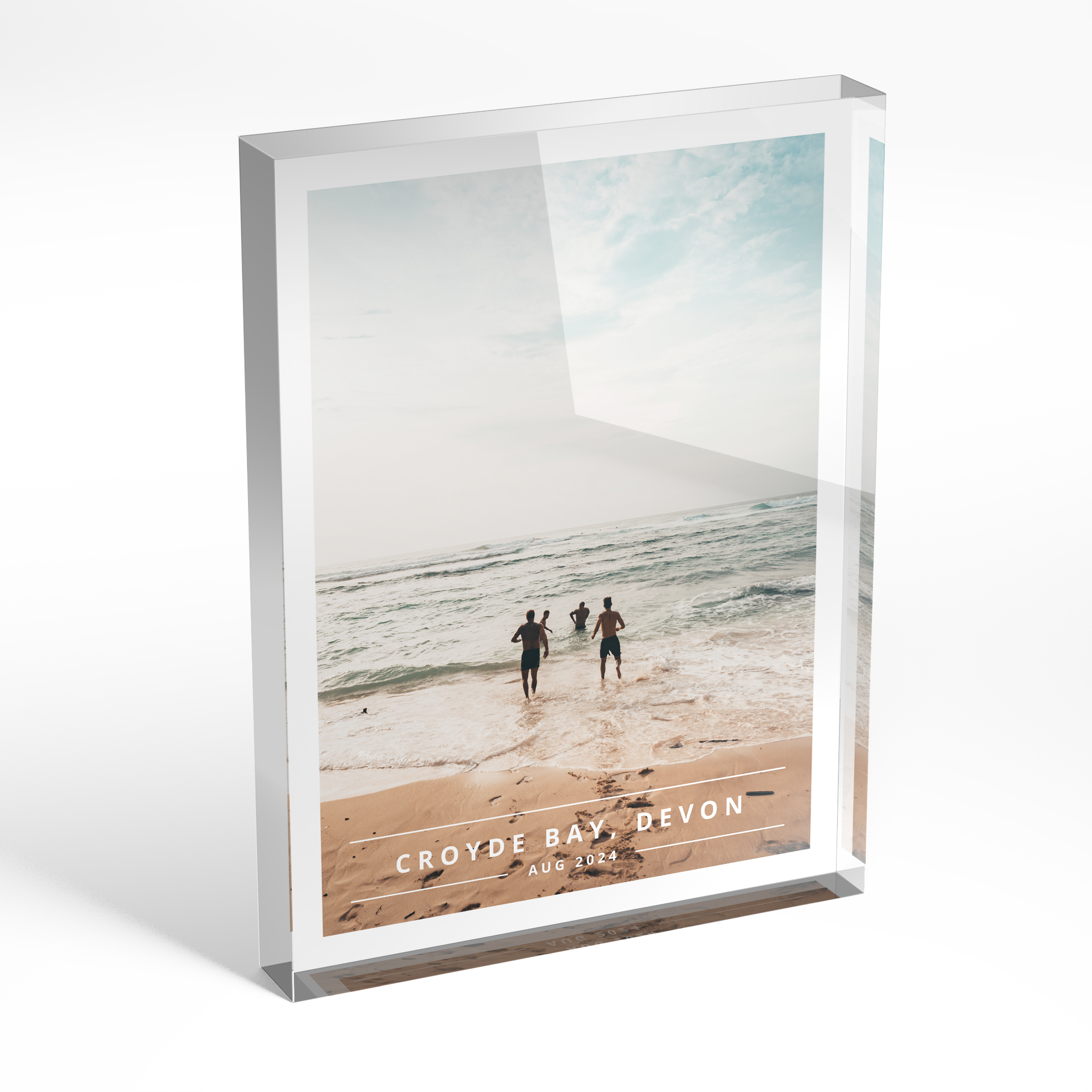 A front side view of a portrait layout Acrylic Glass Photo Block with space for 1 photo. Thiis design is named 'There and then'. 