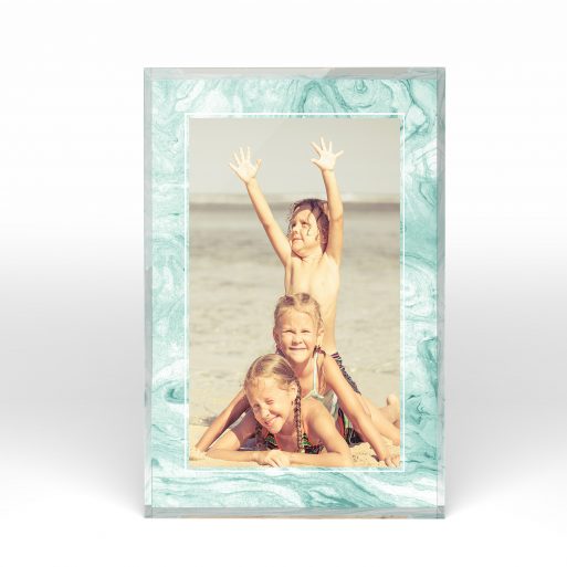 A front side view of a portrait layout Acrylic Glass Photo Block with space for 1 photo. Thiis design is named "Treasured Frame". 