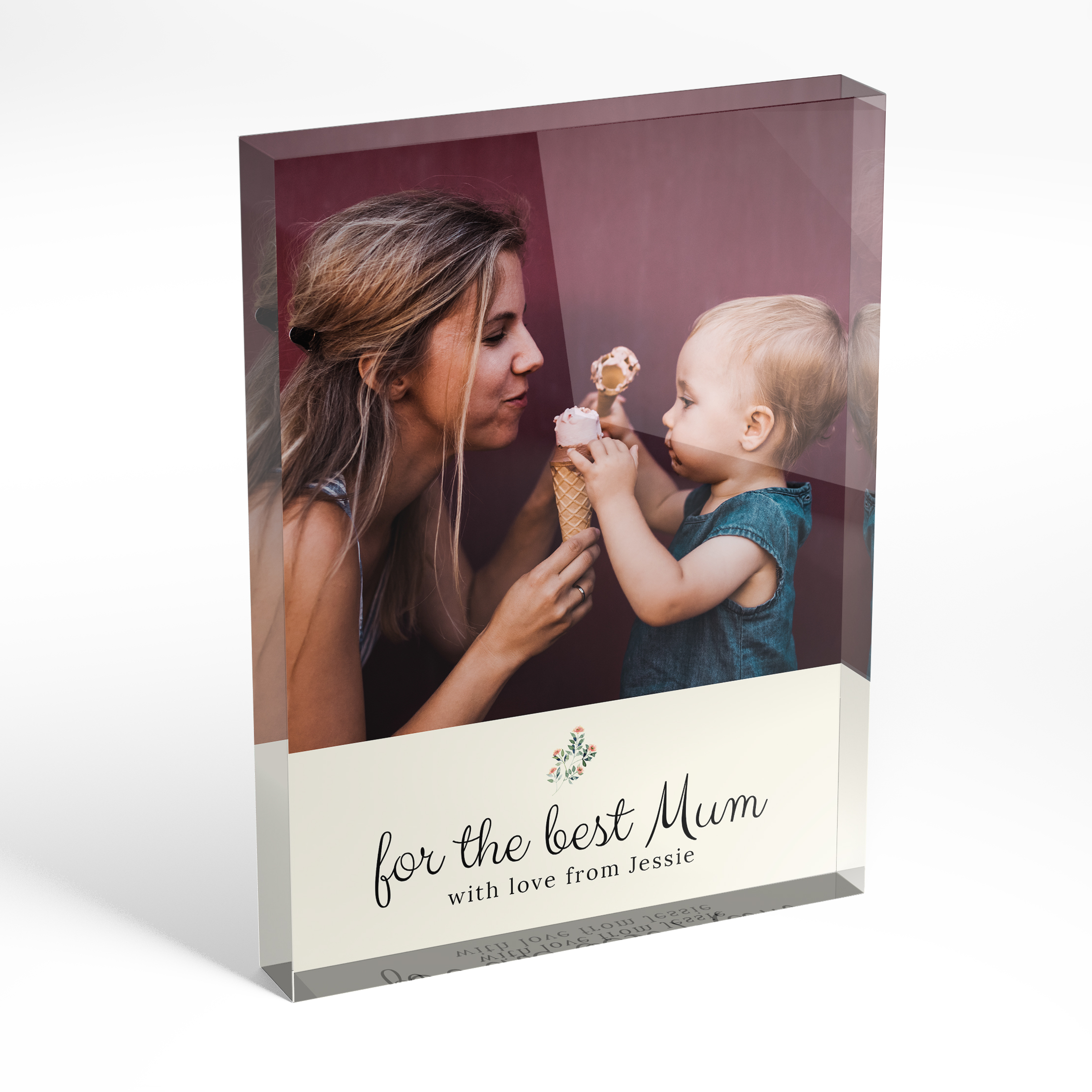 An angled side view of a portrait layout Acrylic Photo Block with space for 1 photo. Thiis design is named "A Mother's Gaze". 