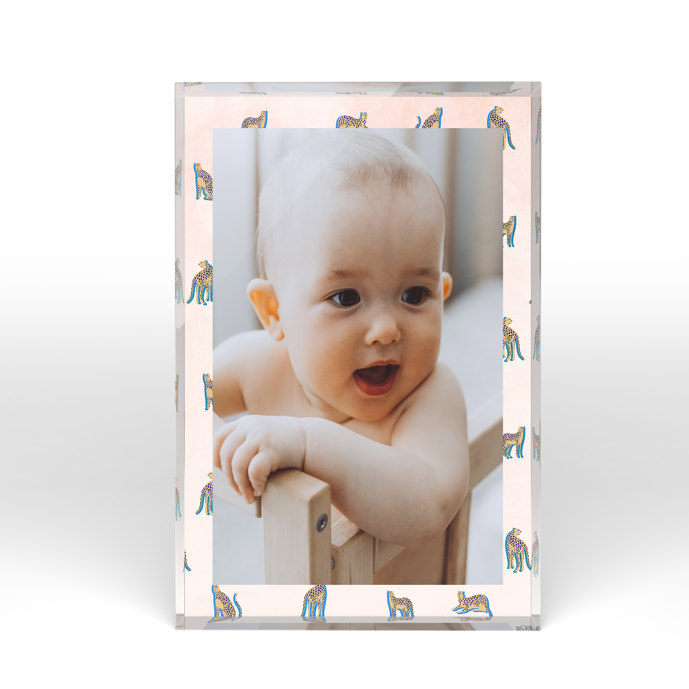A front side view of a portrait layout Acrylic Photo Block with space for 1 photo. Thiis design is named "Big Cat". 
