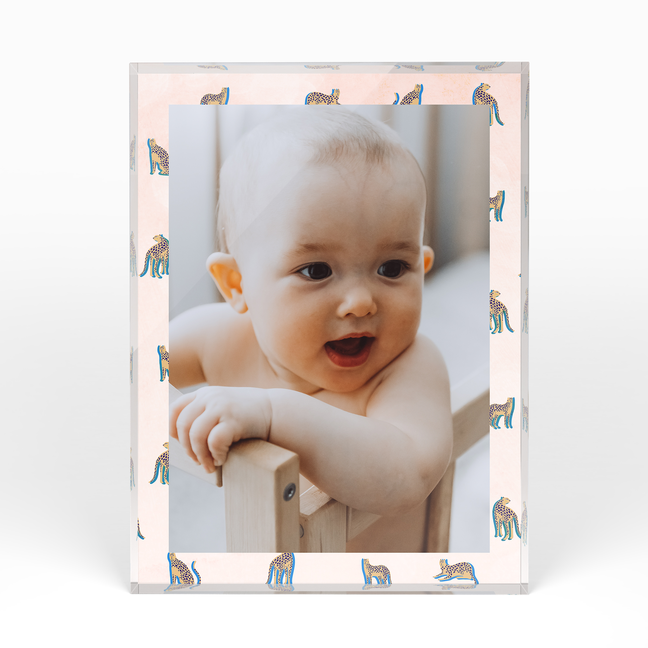 A front side view of a portrait layout Acrylic Photo Block with space for 1 photo. Thiis design is named "Big Cat". 