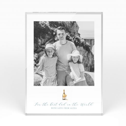 A front side view of a portrait layout Acrylic Photo Block with space for 1 photo. Thiis design is named "Cheers to Dad". 