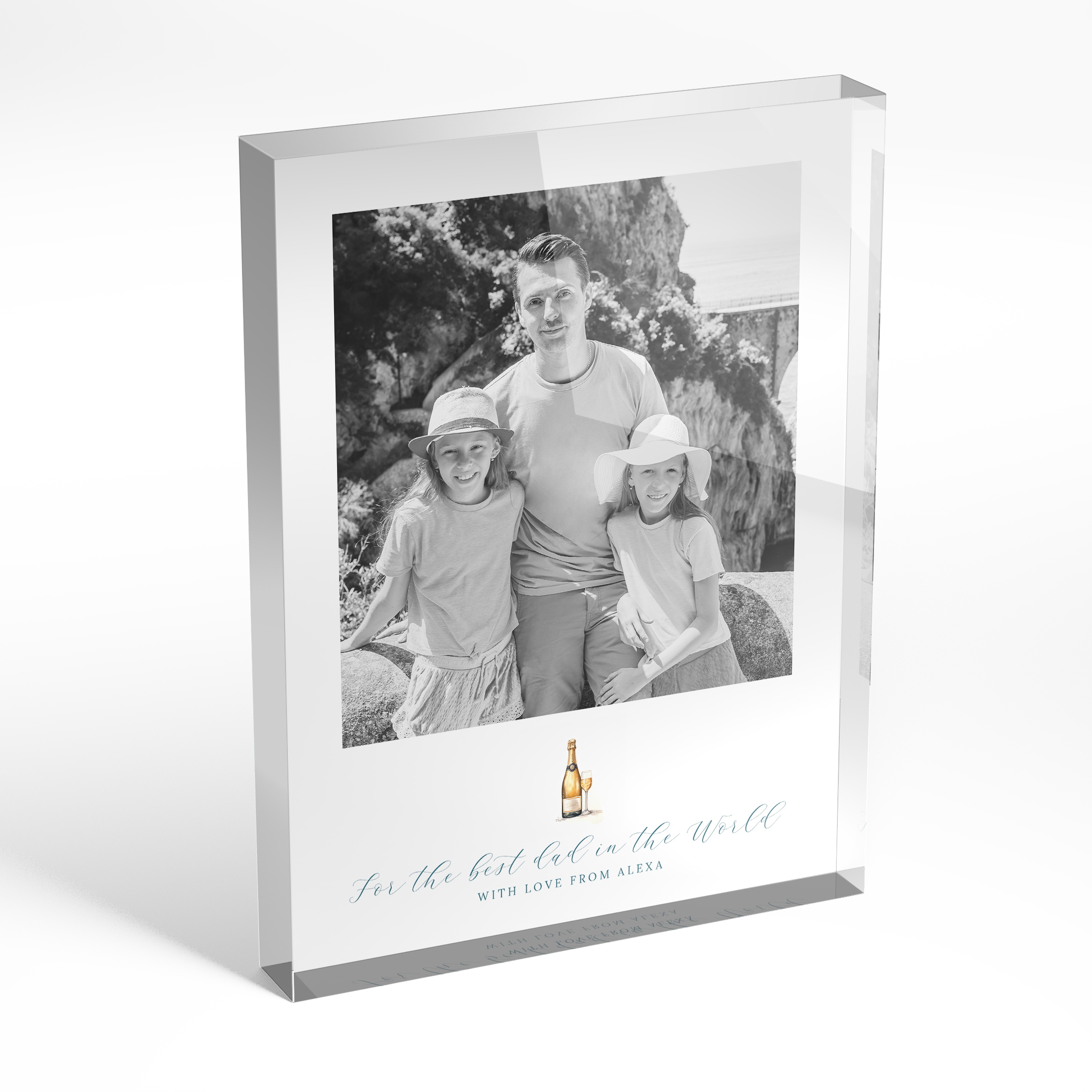 An angled side view of a portrait layout Acrylic Photo Block with space for 1 photo. Thiis design is named "Cheers to Dad". 