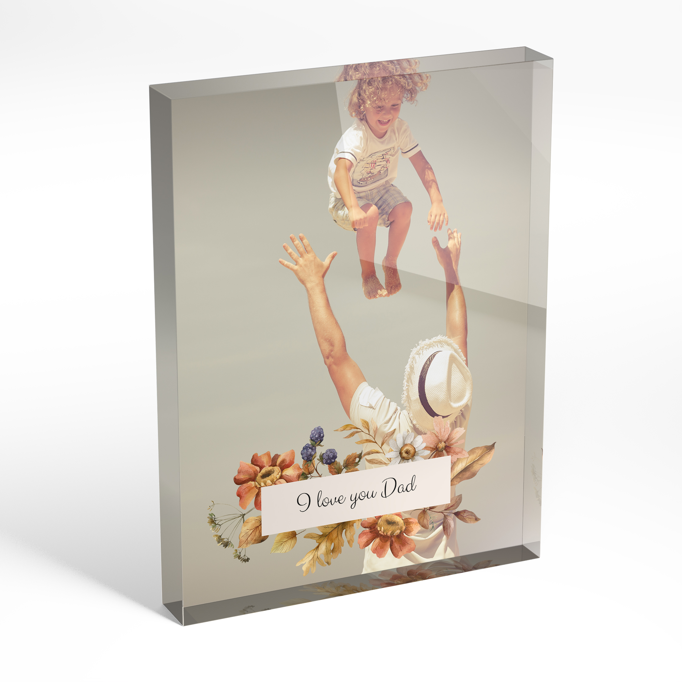 A front side view of a portrait layout Acrylic Photo Block with space for 1 photo. Thiis design is named 'Dad's Frame'. 