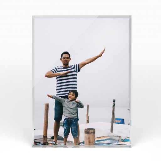 A front side view of a portrait layout Acrylic Photo Block with space for 1 photo. Thiis design is named "Fatherly Festivities". 