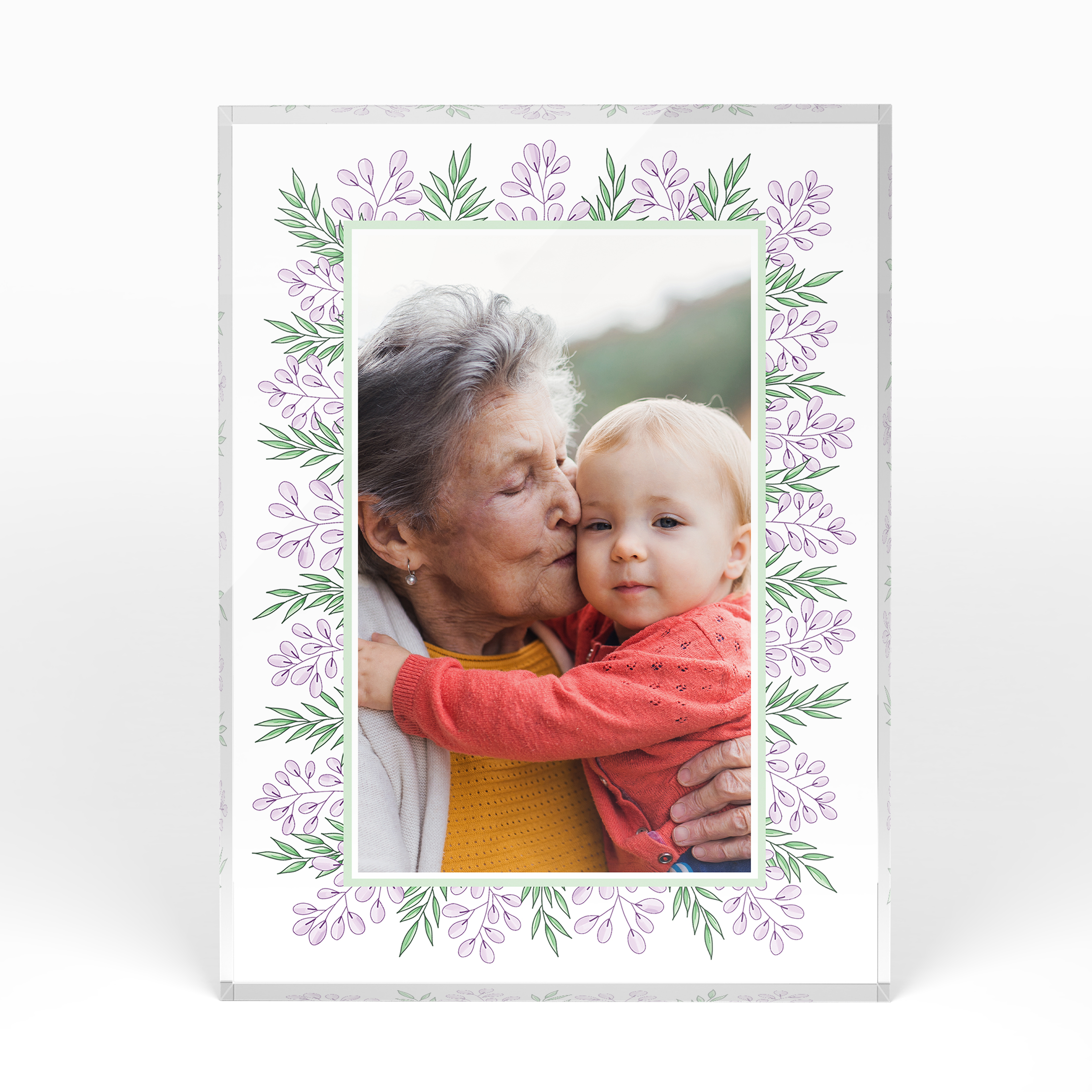 A front side view of a portrait layout Acrylic Photo Block with space for 1 photo. Thiis design is named "Floral Memories". 