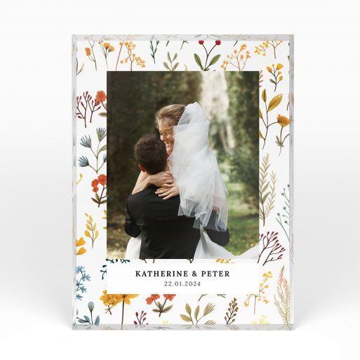 A front side view of a portrait layout Acrylic Photo Block with space for 1 photo. Thiis design is named "Floral Wedding Waltz". 