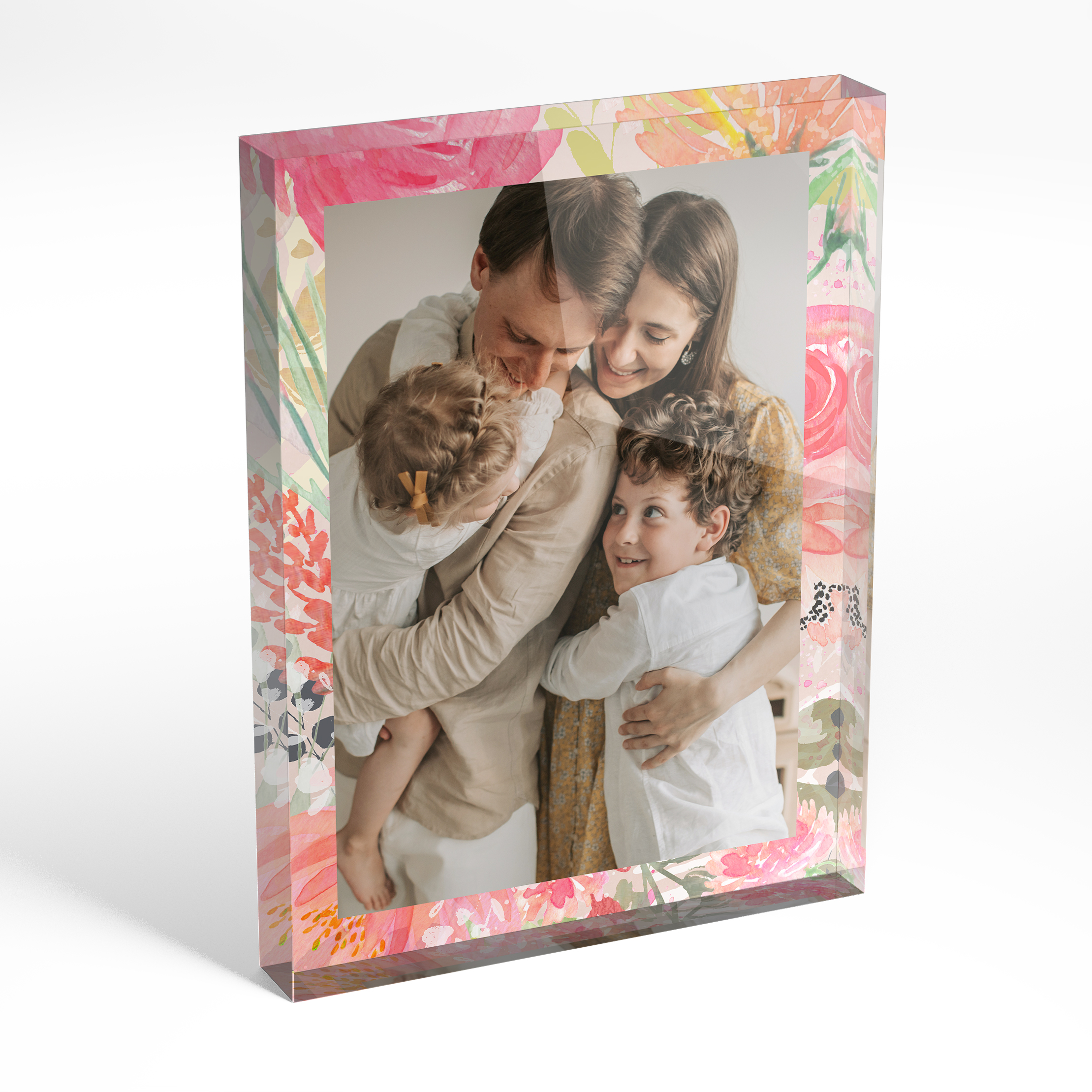 A front side view of a portrait layout Acrylic Glass Photo Block with space for 1 photo. Thiis design is named 'Floral Zing'. 