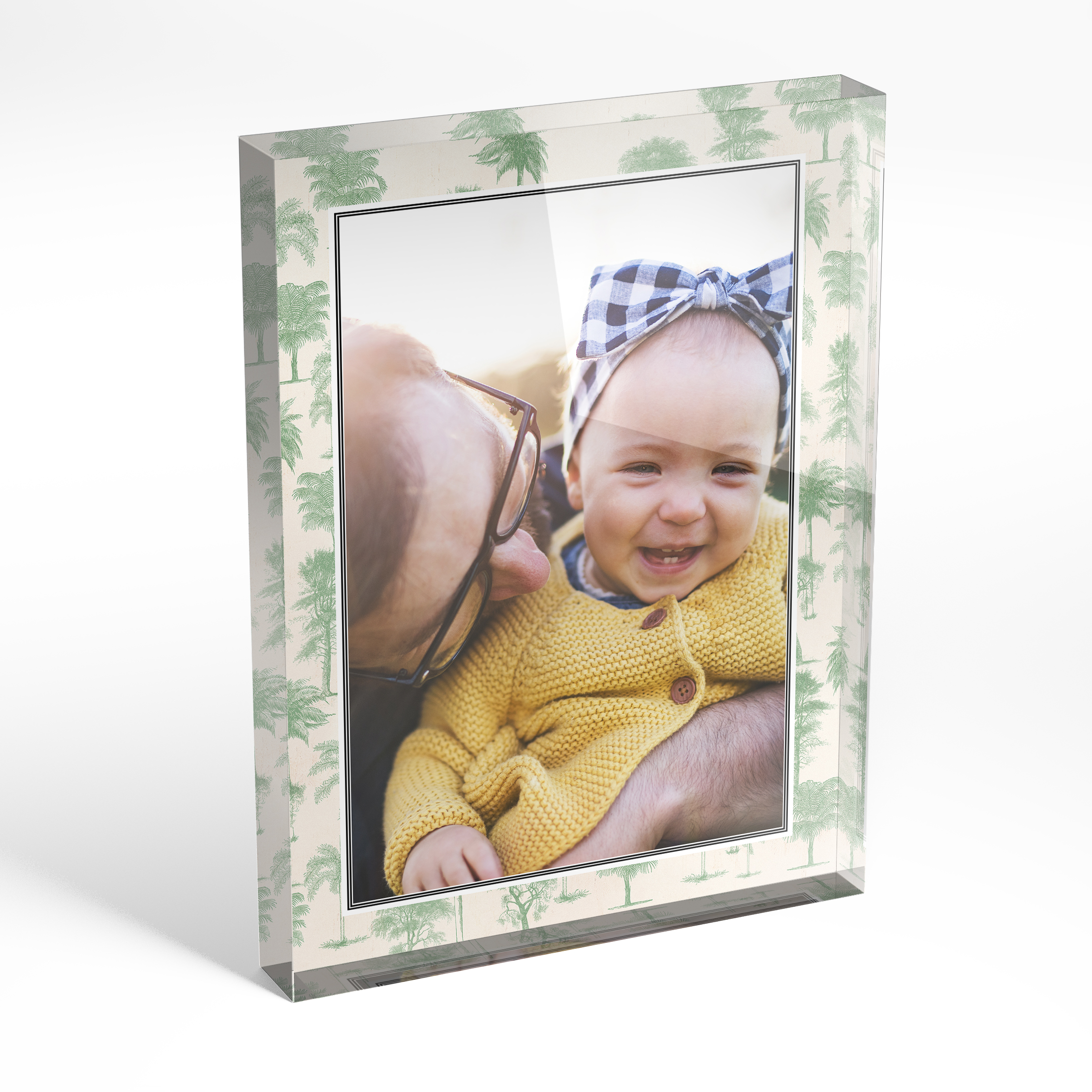 A front side view of a portrait layout Acrylic Glass Photo Block with space for 1 photo. Thiis design is named 'Foliage Fun'. 
