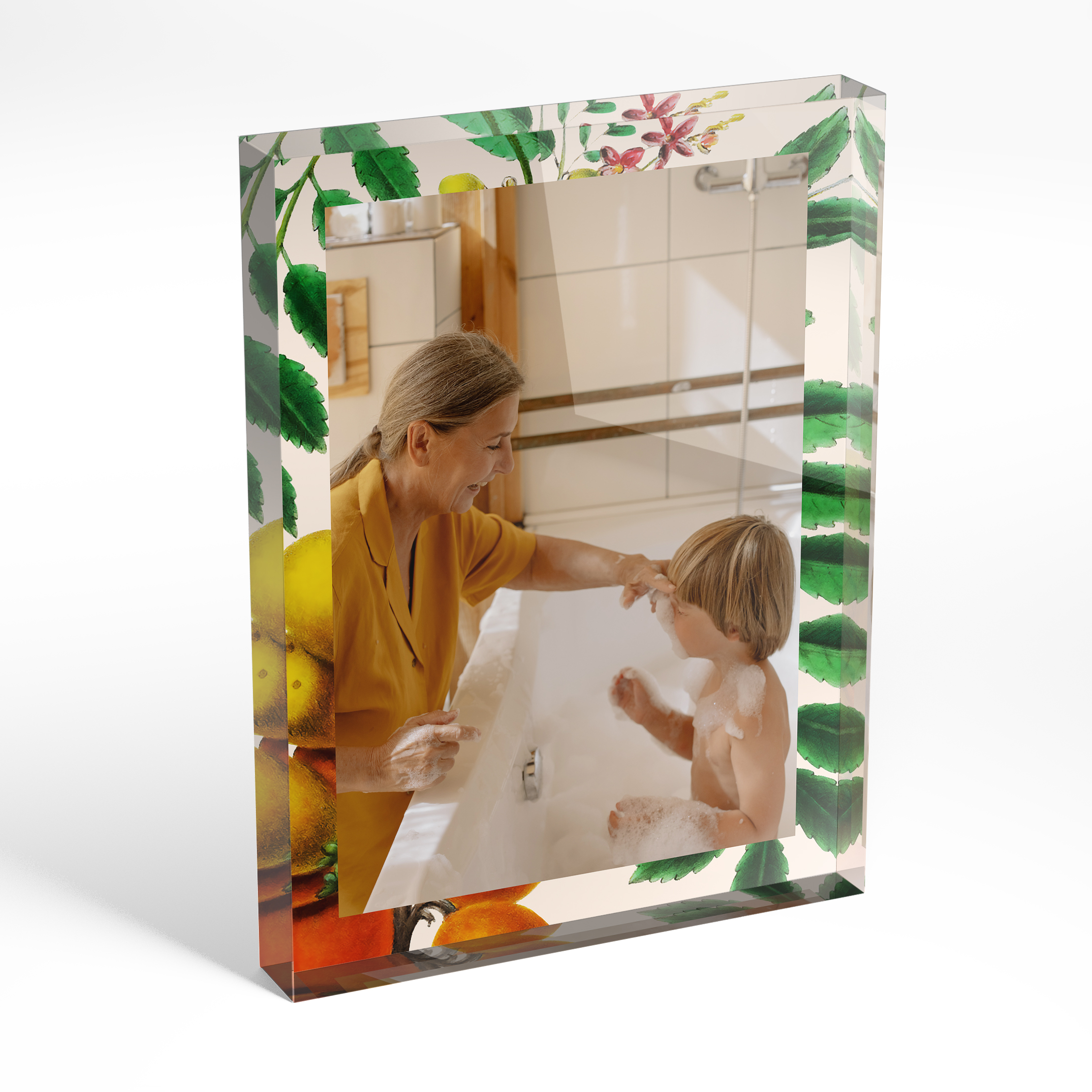 A front side view of a portrait layout Online acrylic photo blocks with space for 1 photo. Thiis design is named 'Grandmother's Love'. 