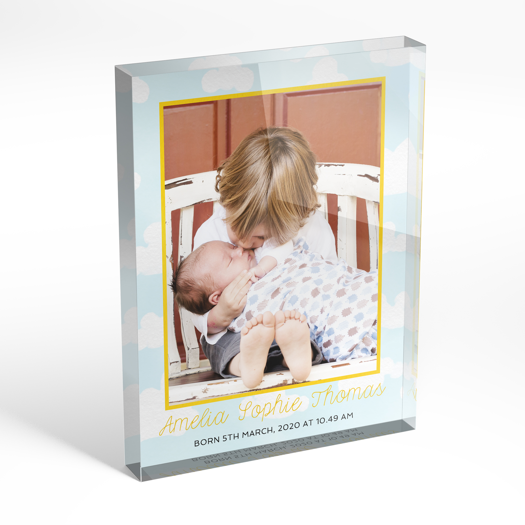 A front side view of a portrait layout Acrylic Photo Block with space for 1 photo. Thiis design is named 'In the clouds'. 