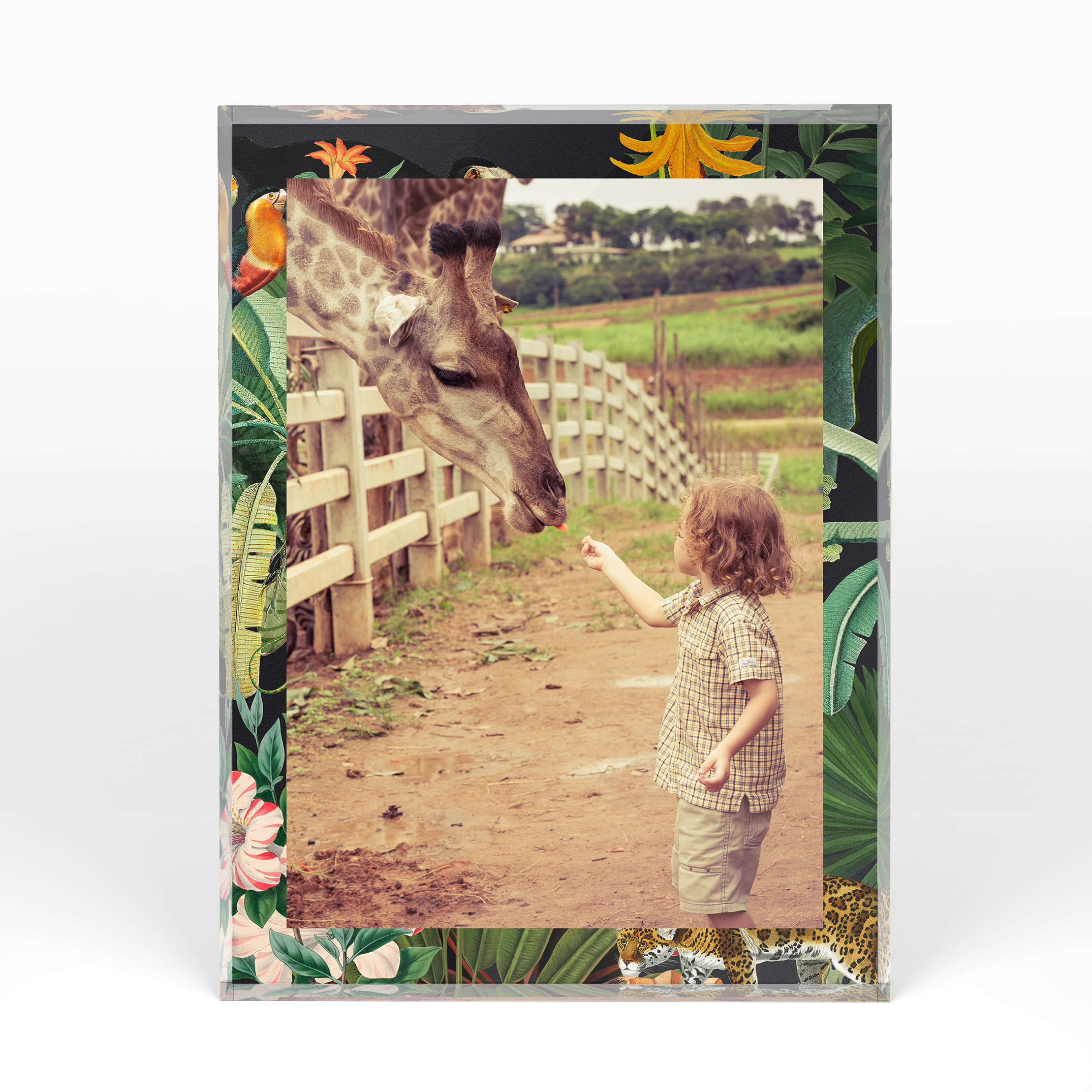 A front side view of a portrait layout Acrylic Photo Block with space for 1 photo. Thiis design is named "Jungle Sparkle". 