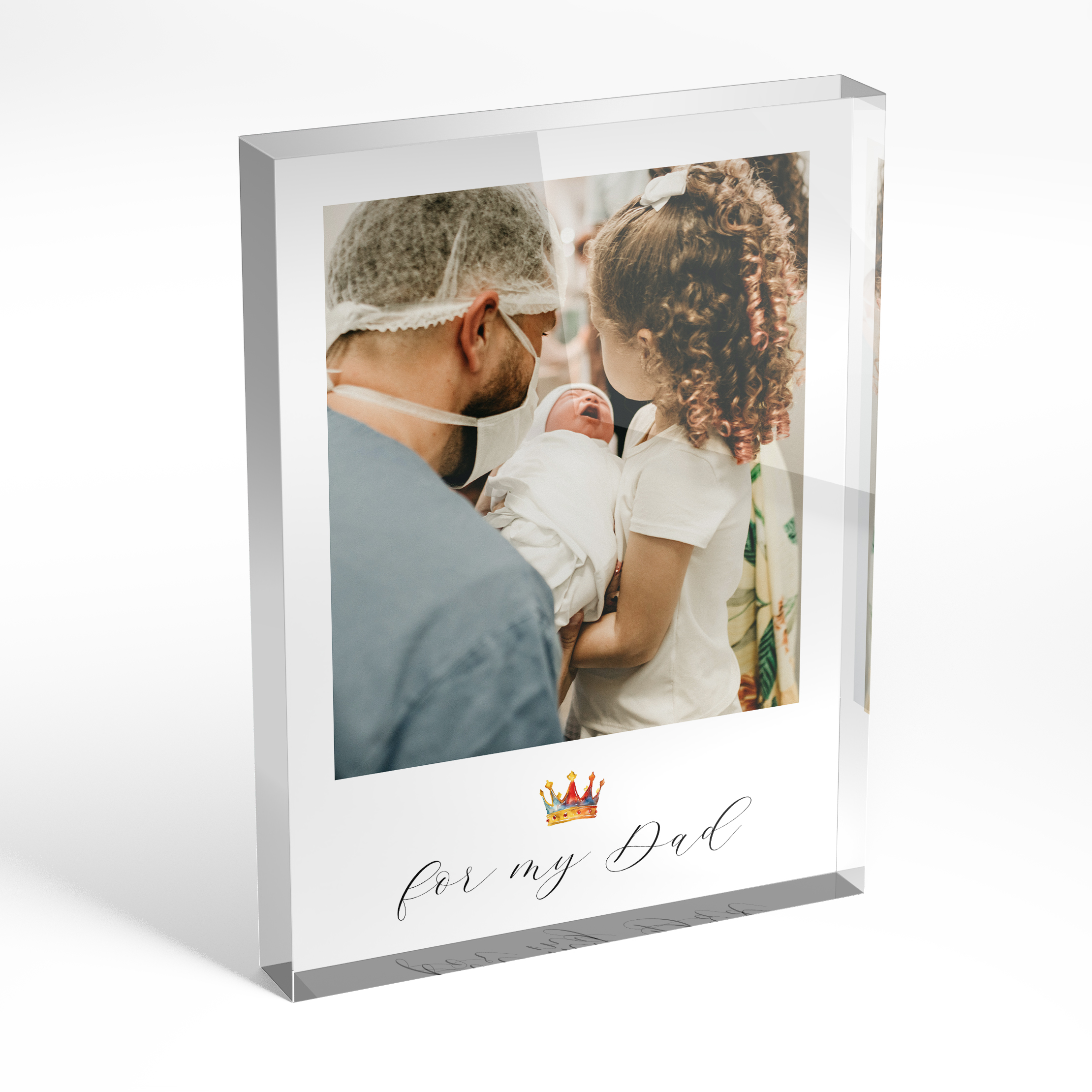 An angled side view of a portrait layout Acrylic Photo Block with space for 1 photo. Thiis design is named "King of the Dads". 
