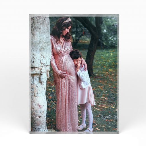 A front side view of a portrait layout Acrylic Photo Block with space for 1 photo. Thiis design is named "Motherhood Magic". 