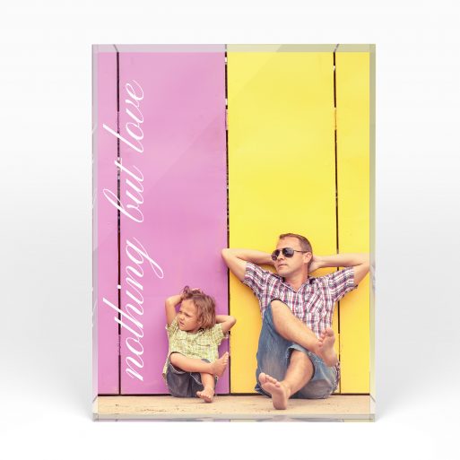 A front side view of a portrait layout Acrylic Photo Block with space for 1 photo. Thiis design is named "Nothing but Love". 