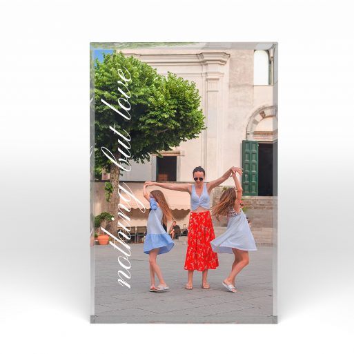 A front side view of a portrait layout Acrylic Photo Block with space for 1 photo. Thiis design is named "Nurturing Moments". 