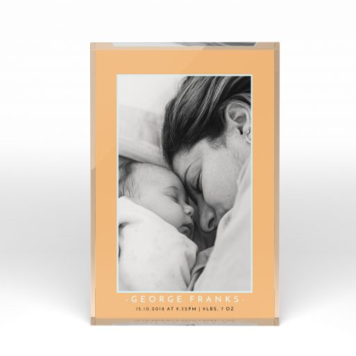 A front side view of a portrait layout Acrylic Photo Block with space for 1 photo. Thiis design is named "Orange and Mint". 