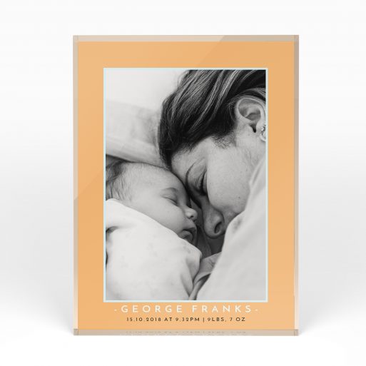 A front side view of a portrait layout Acrylic Photo Block with space for 1 photo. Thiis design is named "Orange and Mint". 