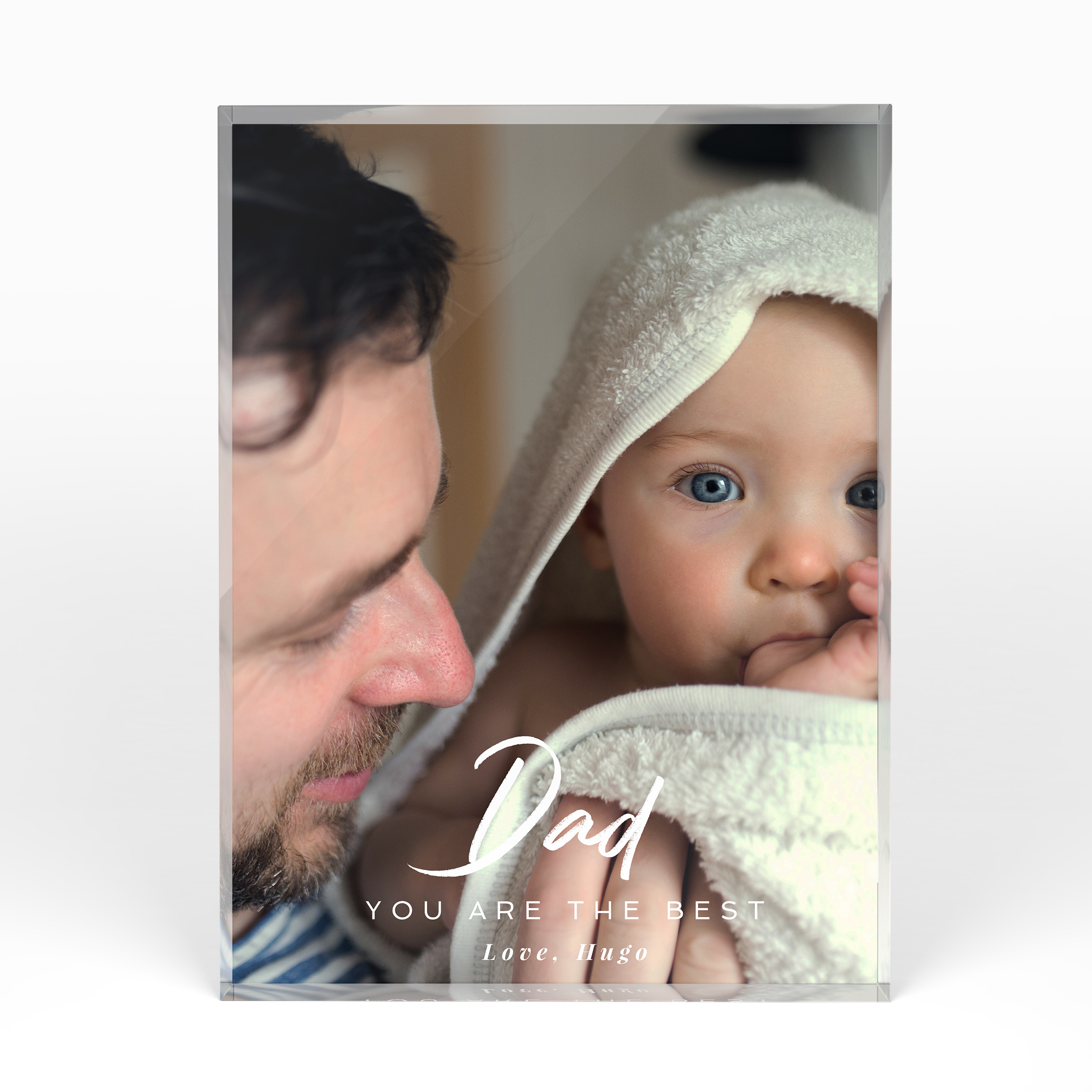 A front side view of a portrait layout Acrylic Photo Block with space for 1 photo. Thiis design is named "Papa's Presence". 
