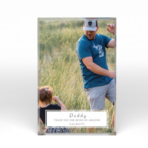 A front side view of a portrait layout Acrylic Photo Block with space for 1 photo. Thiis design is named "Paternal Bottom Frame". 