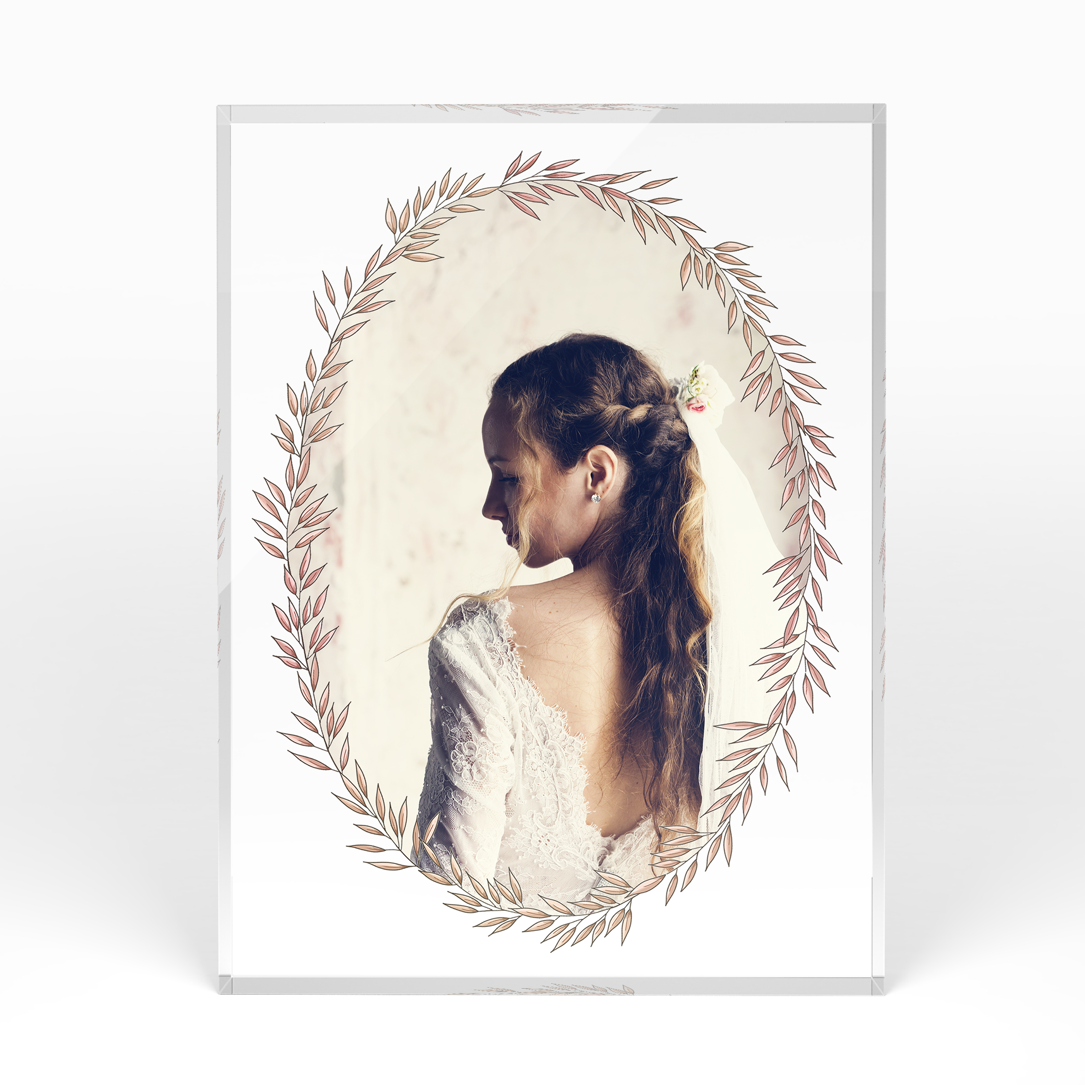 A front side view of a portrait layout Acrylic Photo Block with space for 1 photo. Thiis design is named "Romantic Florals". 