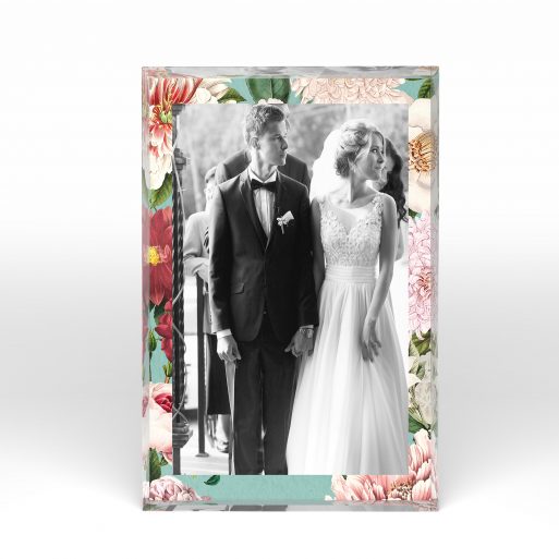 A front side view of a portrait layout Acrylic Photo Block with space for 1 photo. Thiis design is named "Sealed with a Kiss". 
